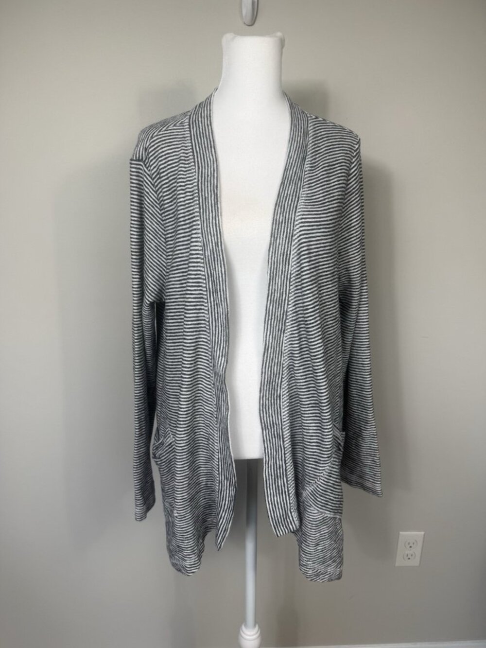Habitat Cardigan Sweater Blue White Stripes Long Open Pockets Lagenlook Cotton